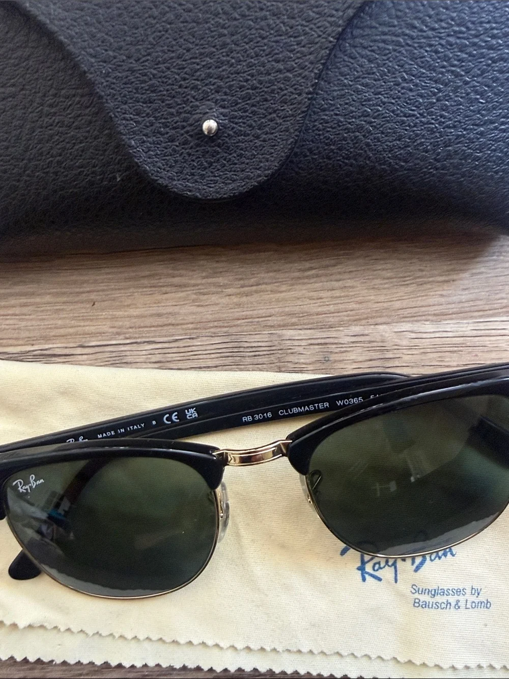 Ray-Ban Black and Gold Clubmaster Sunglasses with Green Lenses
